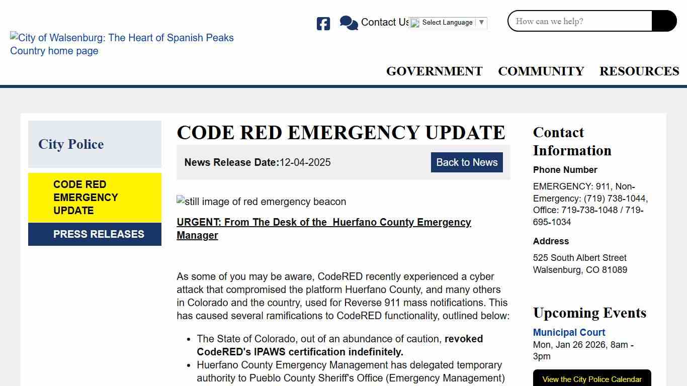 CODE RED EMERGENCY UPDATE Walsenburg CO